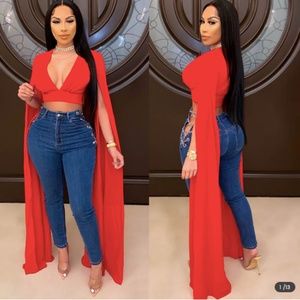 Women Sexy Deep V Solid Color Fluttering Sleeve Crop Top